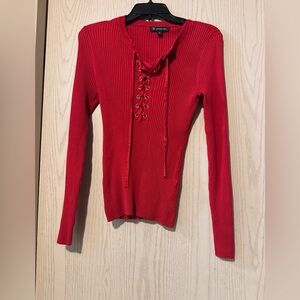 INC International Concepts Red Ribbed Lace Up Ribbed Sweater size Small
